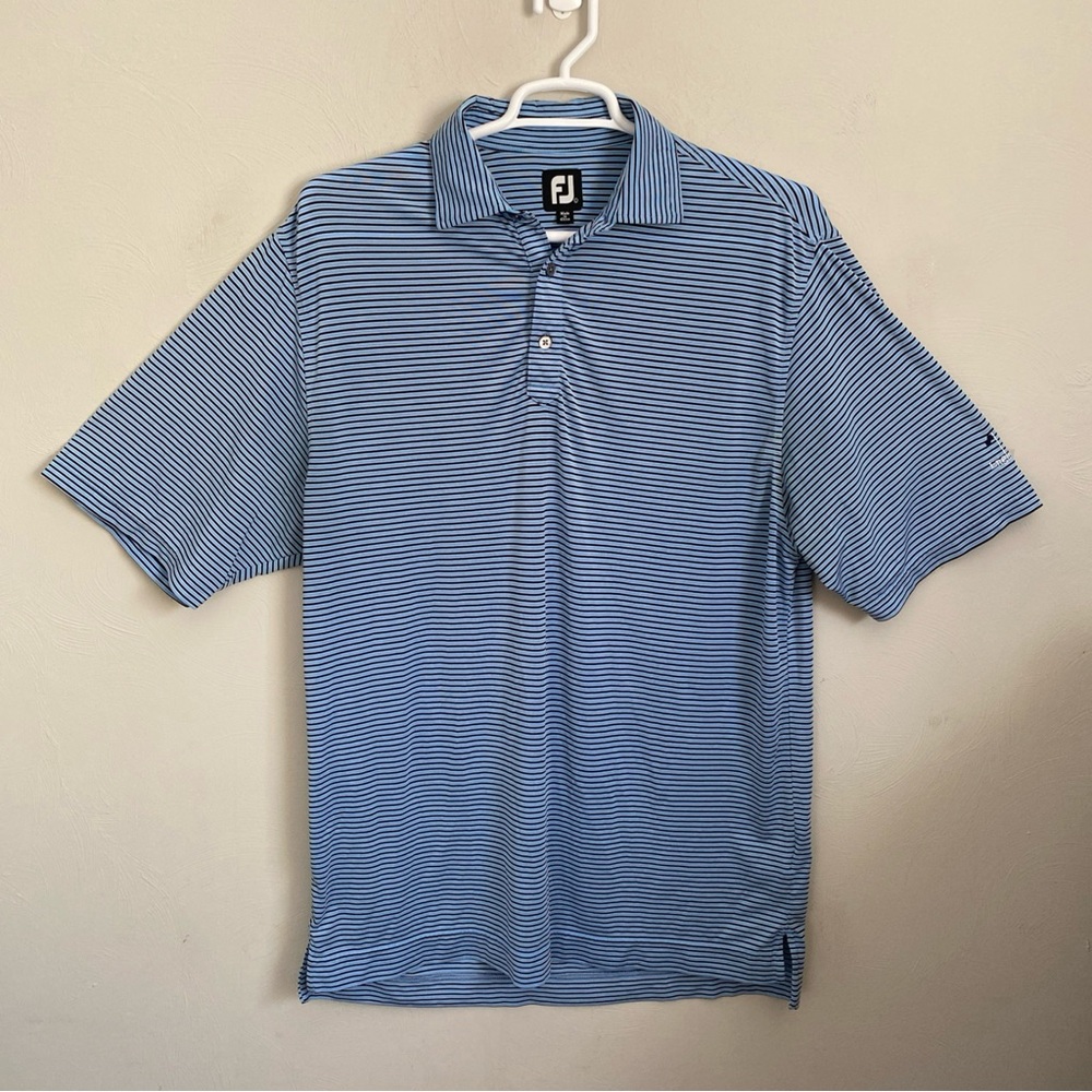 FootJoy Men's Blue Striped Polo Shirt English Turn Golf Course size L Cool Dry